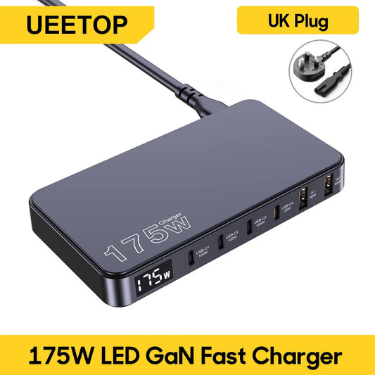 175W Fast Charging 6-Port USB C Desktop Charger with LED Display - Power Delivery for MacBook, Samsung, iPhone