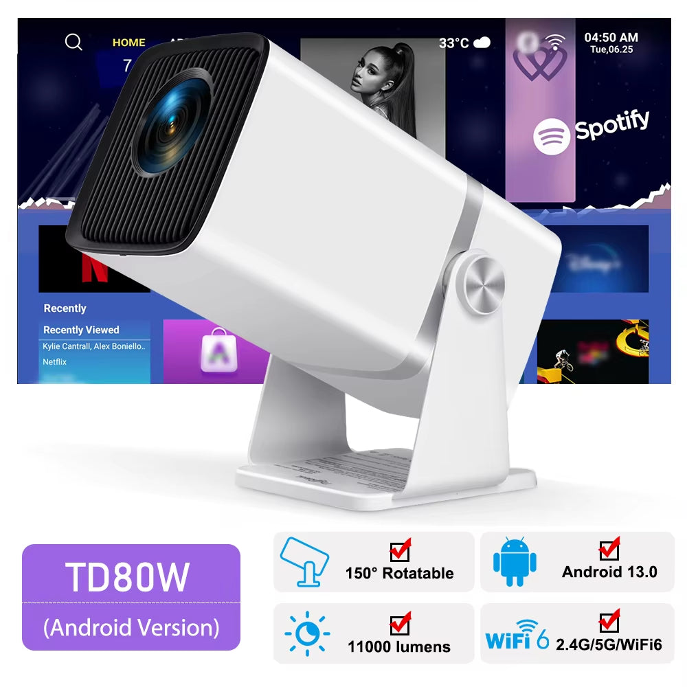 4K Full HD Android WiFi Portable Projector - TD80W 3D Home Theater & Meeting Video Experience