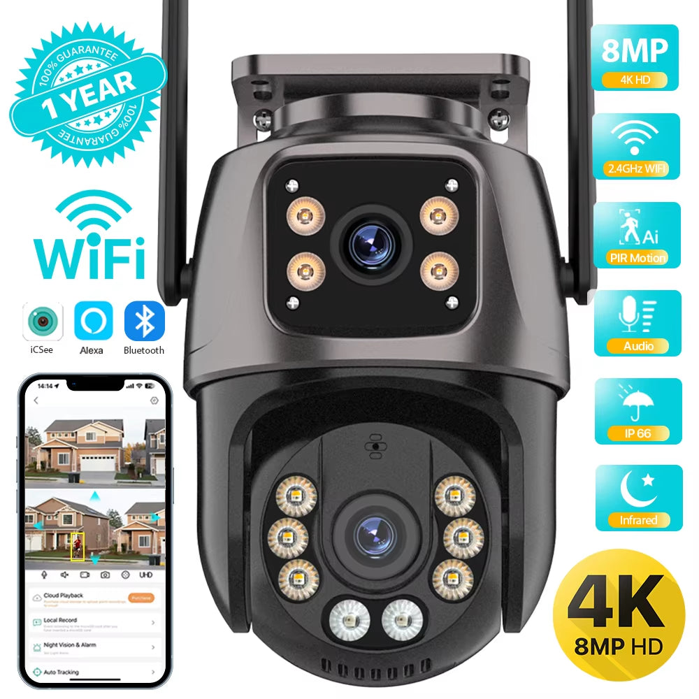 4K 8MP HD Wifi PTZ Outdoor Camera - Dual Lens AI Auto Tracking CCTV with Audio & Video Surveillance