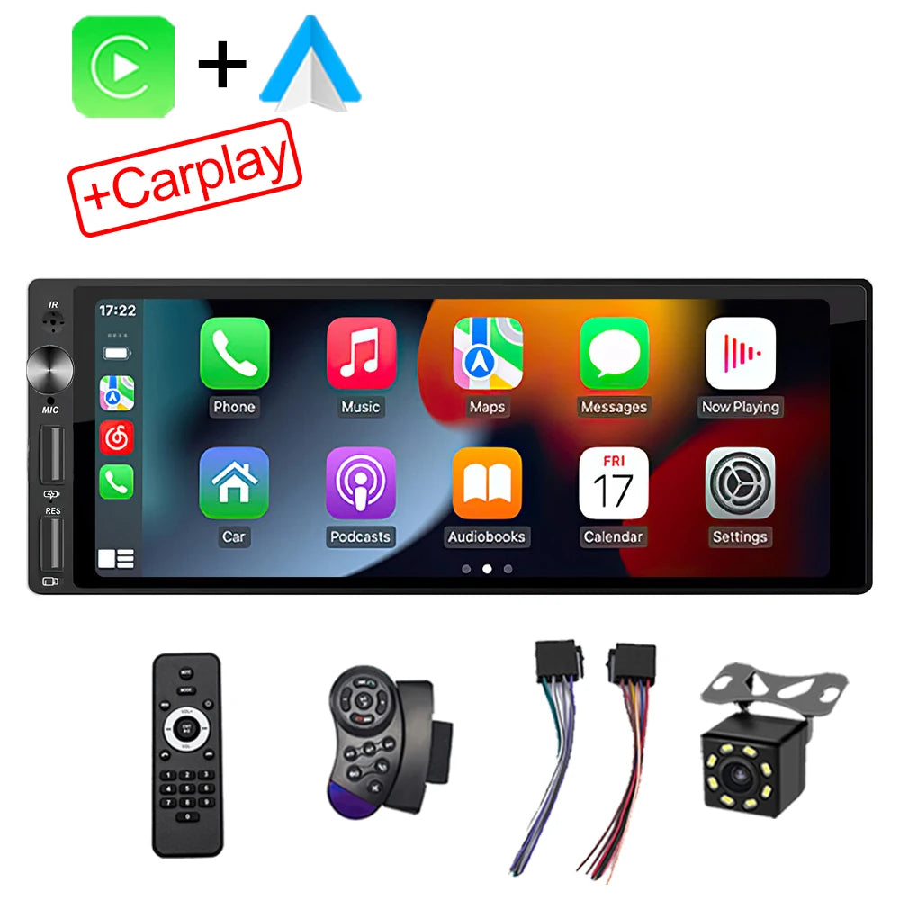 6.9 Inch IPS Carplay & Android Auto 1Din Multimedia MP5 Player - Bluetooth Stereo with USB Charging