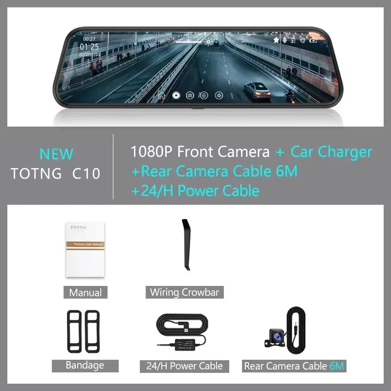 10-Inch Touch Screen Rearview Mirror Dash Cam with Front and Rear Cameras - Ultimate Car Video Recorder