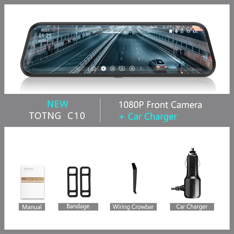 10-Inch Touch Screen Rearview Mirror Dash Cam with Front and Rear Cameras - Ultimate Car Video Recorder