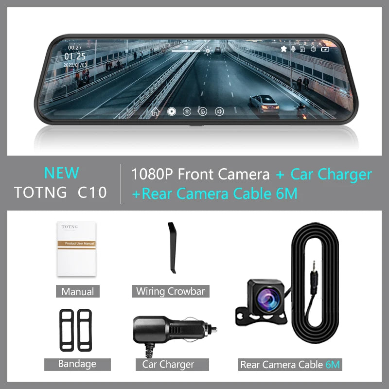 10-Inch Touch Screen Rearview Mirror Dash Cam with Front and Rear Cameras - Ultimate Car Video Recorder