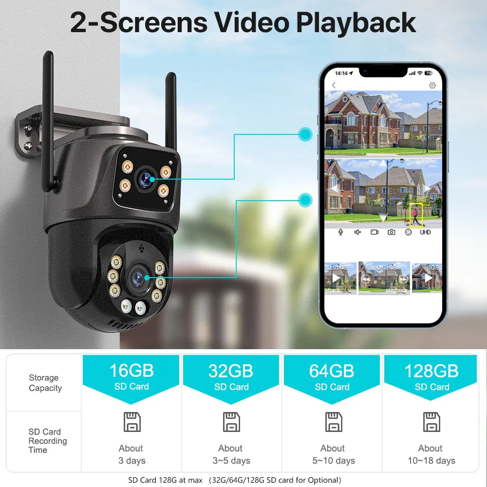 4K 8MP HD Wifi PTZ Outdoor Camera - Dual Lens AI Auto Tracking CCTV with Audio & Video Surveillance