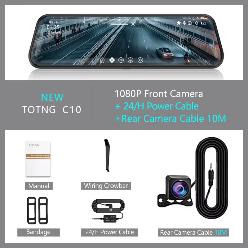 10-Inch Touch Screen Rearview Mirror Dash Cam with Front and Rear Cameras - Ultimate Car Video Recorder